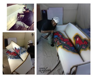 Artist Jody Harris graffitiing a sofa for interior designer Kellie Smith