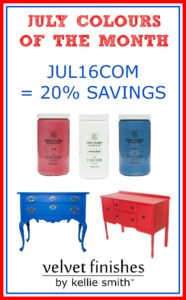 Check out these Red, White, and Blue DIY Furniture Makeovers using Velvet Finishes! Receive 20% savings on these July Colours on the Month using code, JUL16COM
